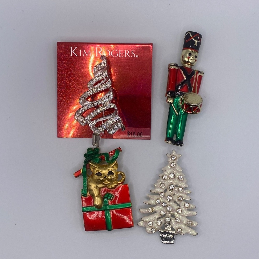 Lot of 4 Christmas Brooch Pins - Kim Rogers NWT Rhinestone Tree, AJC Cat, Nutcra